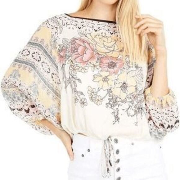 Free People Blue Bile Ivory Batwing Silky Shirt/Top Boho Sz XS - Picture 4 of 11